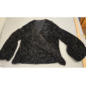 boohoo top donna 24 nero paillettes avvolgente surplice manica a palloncino taglie forti - Foto 1 di 17