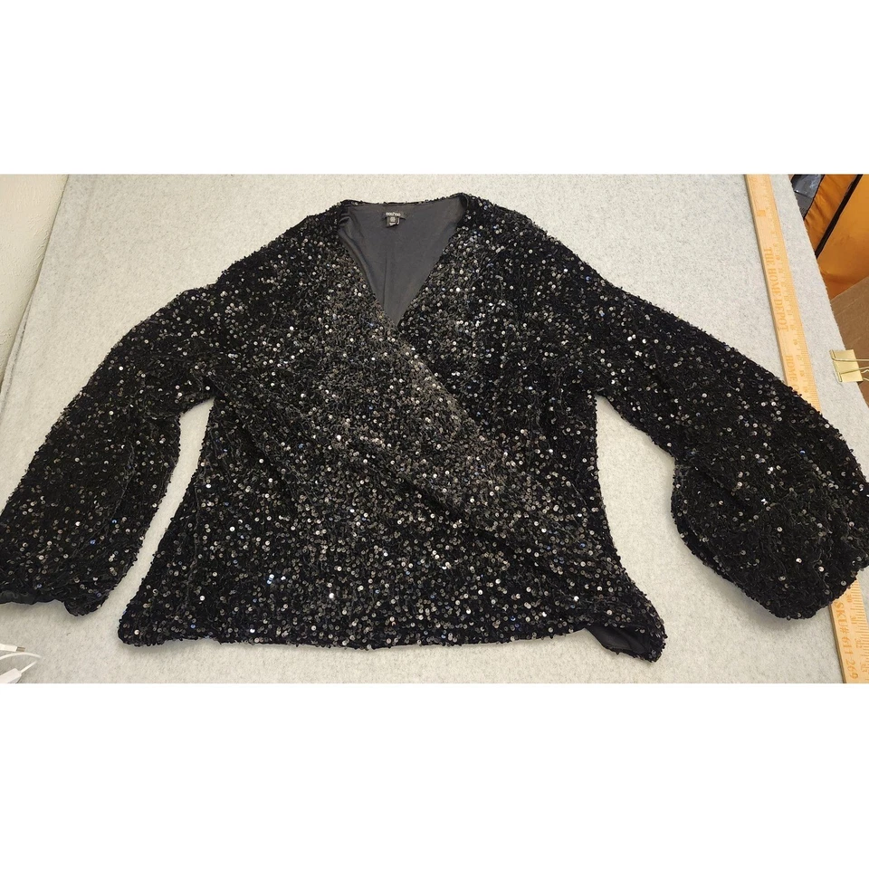 Boohoo Top Mujer 24 Negro Lentejuelas Envoltura Sobrepelliz Manga Globo Talla Grande Foto 1 de 4