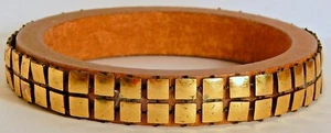 VINT LEATHER BRASS BANGLE BRACELET RETRO - Picture 1 of 3