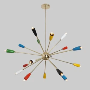 Lampadario Sputnik in ottone paralume multicolore 16 bracci stile metà secolo - Foto 1 di 5
