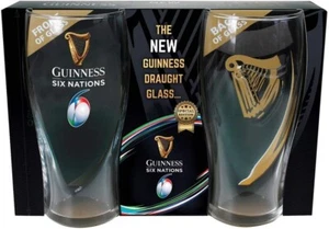 Six Nations Guinness Logo Two-Pack Pint Glass Set With Embossed Gold Harp - Picture 1 of 1