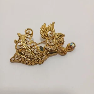 Spilla angelo dorata con accento strass - gioielli stile vintage - Foto 1 di 4