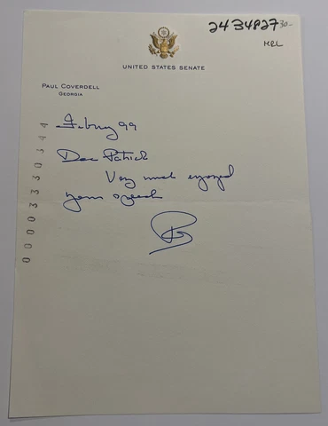 Senator Paul Coverdell Autograph Note Signed - To NY Senator Daniel P. Moynihan Cover