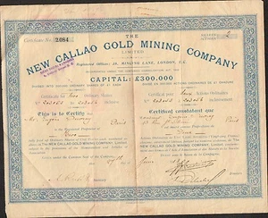 Certificat: NEW CALLAO Gold Mining Cy (VENEZUELA) (O) - Picture 1 of 1