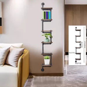 Industrial Floating Shelves Wall Mount Pipe Shelves Wood 6-Tier Ladder Bookshelf - Picture 1 of 12
