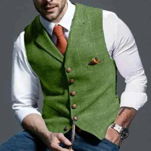 Mens Tweed Lapel Vest Jacket Herringbone Waistcoat Casual Formal Sleeveless Tops - Picture 1 of 31