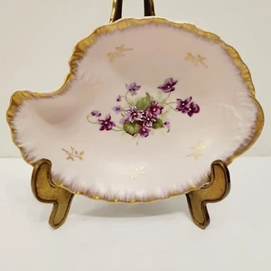 Vtg Hand Painted Lefton Leaf Shaped Gold Rim Purple Floral Candy Trinket Dish - Picture 1 of 7