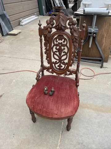 Antique carved fruit wood chair 20 W by 21D by 39.5 H Cover