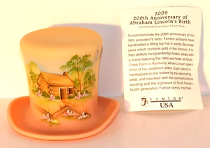 Fenton Burmese Scenic Satin Art Glass Uranium Lincoln Top Hat 2009 Mint RARE - Picture 1 of 12