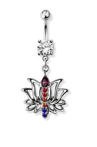 Rainbow Zen Lotus CZ Dangle Surgical Steel Belly Button Navel Rings Piercing