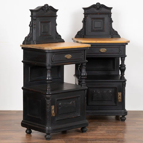 Pair, Black Painted Narrow Pine Nightstands circa 1890 Cover