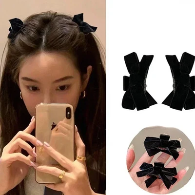 Korean 1/2 PC Black Red Bow Small Velvet Hair Claw Clip Clamp Headwear Women - Image 1 of 4