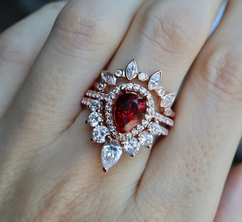 Rose Gold Plated 925 Silver Pear Cut Ruby Vintage Engagement 3Pcs Ring Set - Image 1 of 4