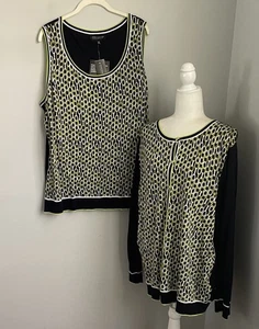 New Jones NY Navy Green Geo Print 2 Piece Cotton Blend Sweater Set Plus Size 3X - Picture 1 of 8