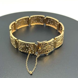 Vintage Ming’s Honolulu 14K Gelbgold Vogel & Blüte Panel Armband (AHB) - Bild 1 von 12