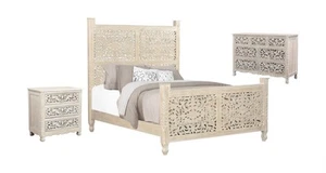 Taran Designs Monte 3-piece Floral Carved Solid Wood Bedroom Set in White - Picture 1 of 13
