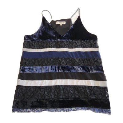 Blusa Top Ann Taylor LOFT Y2K Terciopelo Encaje Cintas Azul Negro Plata Cami Talla Mediana Foto 1 de 4