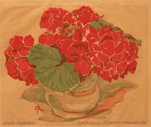 Ernst Rötteken Geranien Blume Blumenstillleben signiert Farblinolschnitt 20 Jhd - Bild 1 von 3