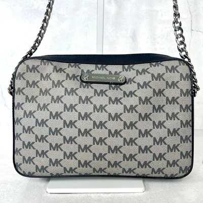 Michael Kors Jet Set Large Crossbody Bag MK Signature Gray Black Silver Chain - Image 1 of 4