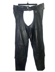 HARLEY DAVIDSON VINTAGE MOTORCYCLE BIKER BLACK LEATHER CHAPS / MEN Medium - Picture 1 of 13