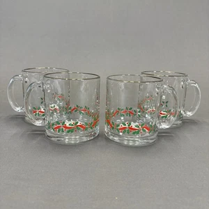 Libbey Glass Coffee Cups Mugs Set of 4 Holly Berry Ribbon Christmas Holiday LRS3 - Picture 1 of 14
