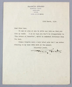 FANTASY author Francis GERARD original signed letter 1938 re: Prince of Paradise - Foto 1 di 4