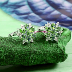 Natural Peridot & CZ Gemstones with 925 Sterling silver cufflinks for men's #44 - Picture 1 of 3