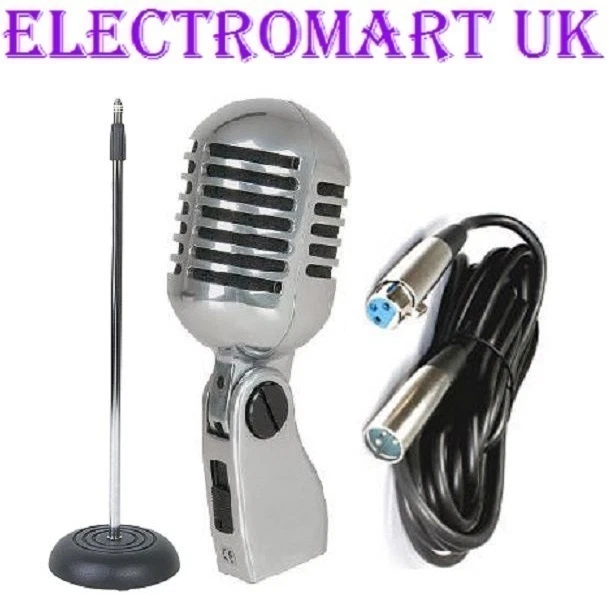 ELECTROMART 50's STYLE RETRO CHROME MIC MICROPHONE MIC STAND CAST BASE & XLR CABLE 6M