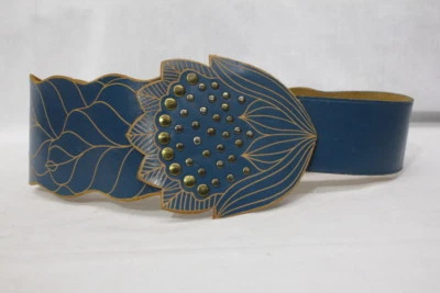 Handmade 100% Genuine Leather Teal"Lotus"Belt,Studded Decor Womens 36" Bali-B119 - Image 1 of 4