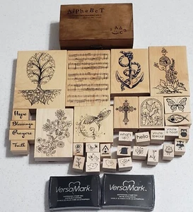 Wooden Rubber Crafting Stamps Wooden Alphabet Box Lot With 2 VersaMark Ink Pads - Picture 1 of 7