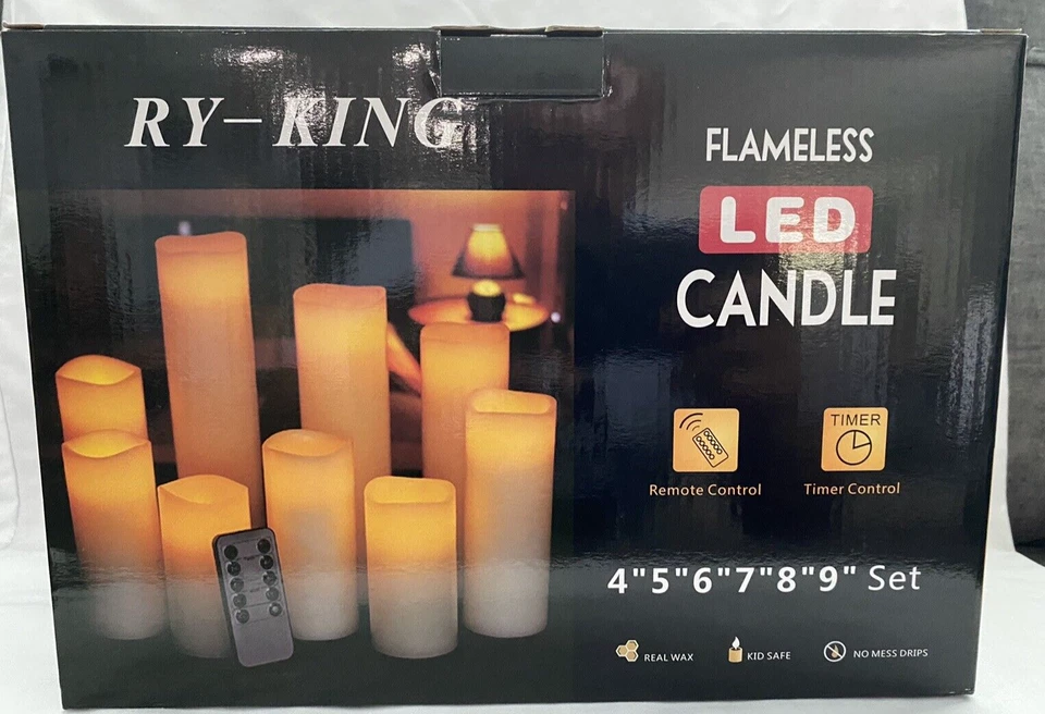 RY-KING PILLAR SIN LLAMA LED CERA REAL Juego de velas Temporizador 4" 5" 6" 7" 8" 9" Foto 1 de 4