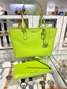 Michael Kors Sheila Women Large Handbag Tote+Clutch Wristlet Wallet Combo -Lime - Picture 1 of 23