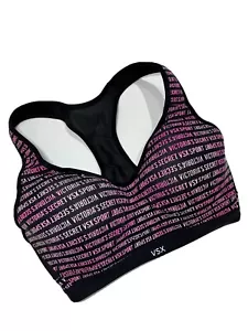 VICTORIA’S SECRET VSX Sports Bra Racerback Black Pink All Over Logo Print 32DD - Picture 1 of 8
