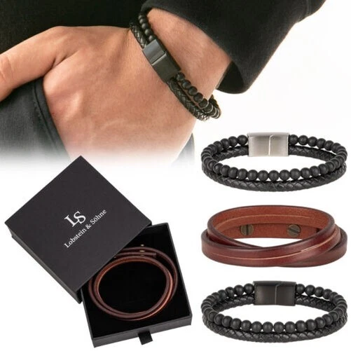 Lobstein & Söhne Hombre Joya Pulsera Ónix Acero Inox Cuero Artificial Nuevo - Imagen 1 de 1