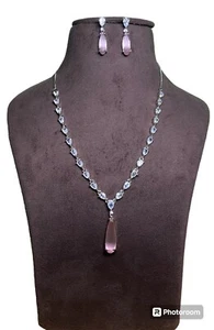 Pink Monalisa Necklace Set ,925 Sterling Silver Earring With Necklace , - Picture 1 of 3