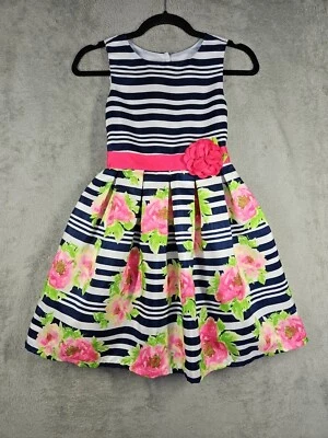Vestido completo de tul floral a rayas para niña Jona Michelle azul marino blanco rosa verde talla 7 Foto 1 de 4