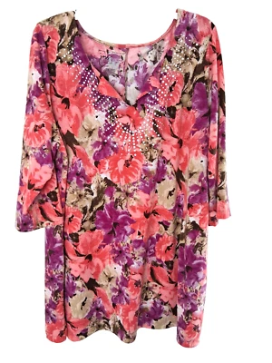 JMS Floral Knit Tunic Top Size 2X White Stud Split Neck 3/4 Sleeves Romantic - Image 1 of 4