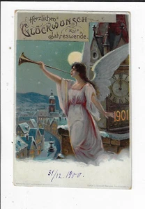 Postal alemana de Año Nuevo 1900 publicada en ángel de Dresde con trompeta - Imagen 1 de 2