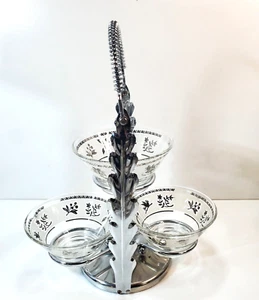 Vtg MCM Silver Tone Metal Relish Condiment Server Rack With Three Glass Bowls - Picture 1 of 8