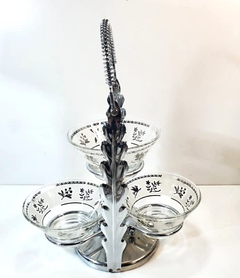 Vtg MCM Silver Tone Metal Relish Condiment Server Rack With Three Glass Bowls - Image 1 of 4