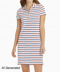 Abito Polo Vineyard Vine Piqué Donna S Striscia Patriottica Manica Corta Cotone - Foto 1 di 11