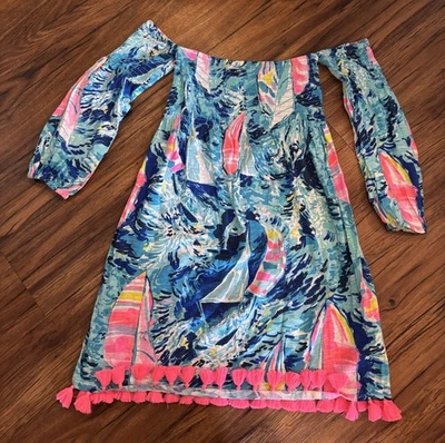 Lilly Pulitzer Trina Beach Dress Sparkling Blue Hey Bay Bay Sz XS Off Shoulder - Image 1 of 4