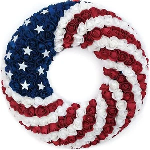 18Inch Patriotic Roses Wreath 4th of July Summer Soft Touch Foam Roses - Picture 1 of 5