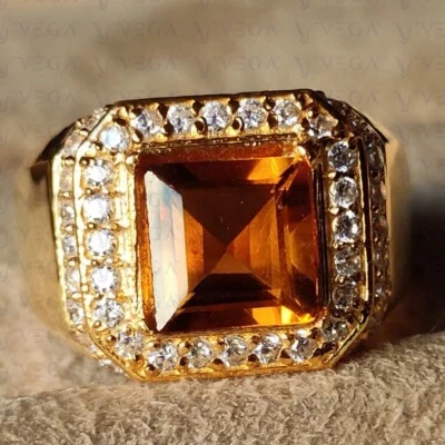 6.20Carat Asscher Natural Citrine and Diamond Men's Ring 18k Yellow Gold Plated - Image 1 of 4
