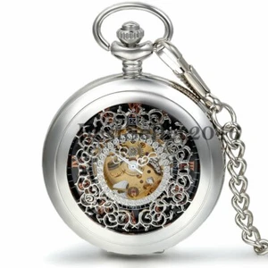 Retro Hollow Roman Numerals Dial Skeleton Mechanical Hand-Winding Pocket Watch - Picture 1 of 5