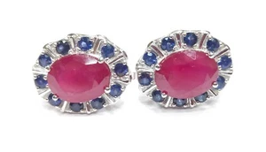 Heated Ruby & Heated Sapphire Gemstone With 925 Sterling Silver Cufflink #3049 - Picture 1 of 5