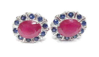 Heated Ruby & Heated Sapphire Gemstone With 925 Sterling Silver Cufflink #3049 - Image 1 of 4