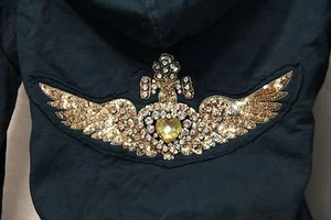 Twisted Heart CRYSTAL GOLD&BEADS ANGEL WING Blue HOOD JACKET JEWEL NICE XS - Picture 1 of 7