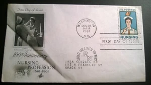 1961 FIRST DAY ISSUE ENVELOPE WITH ORIGINAL 4 CENT STAMP "NURSING PROFESSION " - Imagen 1 de 5