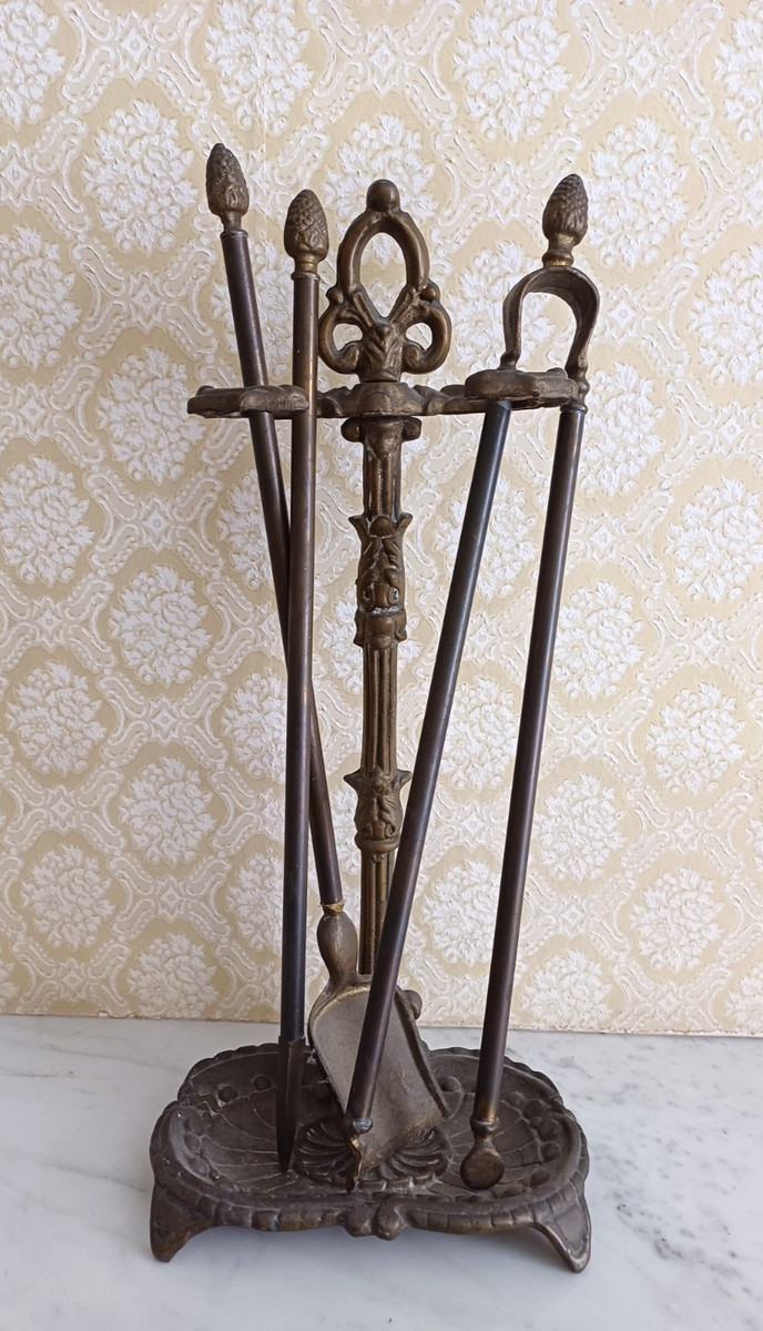 Set Da Camino In Ottone Completo - Molla, Paletta, Attizzatoio E Scopino, Altezza 55 Cm, Made In Italy